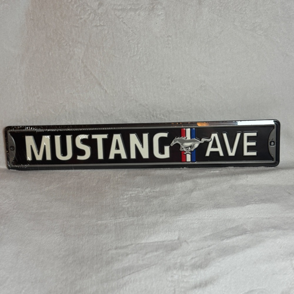 MUSTANG‎ AVE Embossed Metal Garage Sign Ford TriBar Pony Logo SEALED 20" x 3.5"